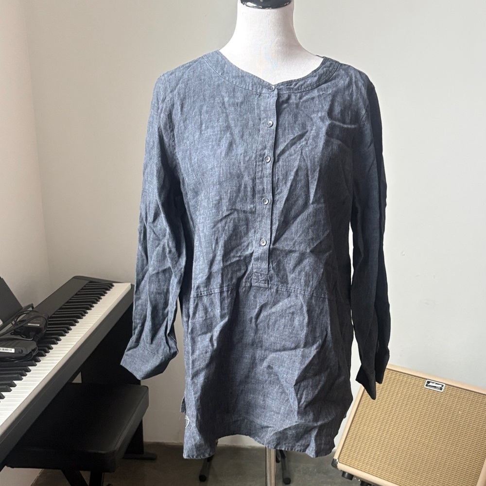 💯 linen EILEEN FISHER SLATE Gray BLUE LINEN BUTTON DOWN Medium